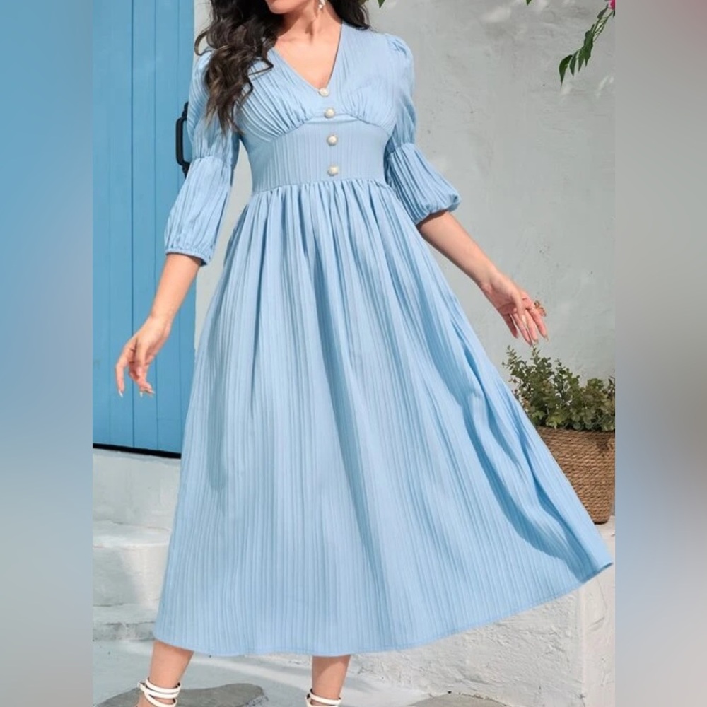 Elegant Blue Pleated Dress